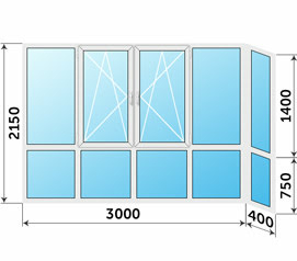 Остекление балкона с внешней крышей 3400x2150